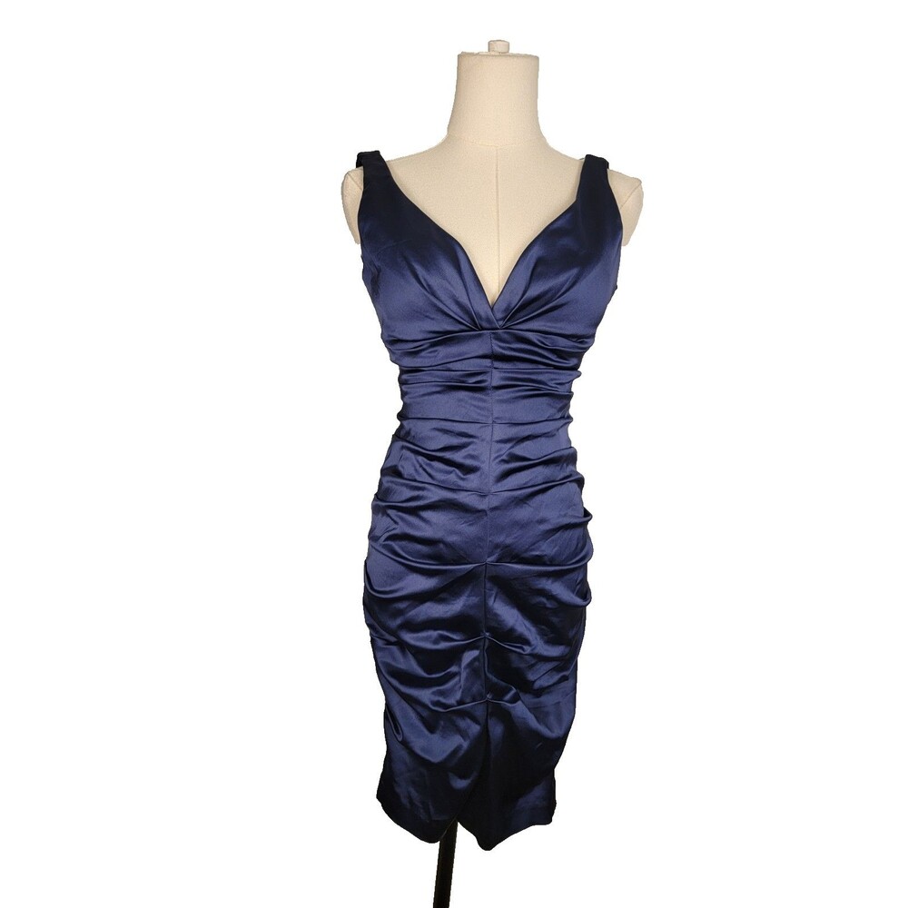 Cache Ruched Bodycon Cocktail Dress 2 Royal Blue V-Neck Sleeveless Party Mini